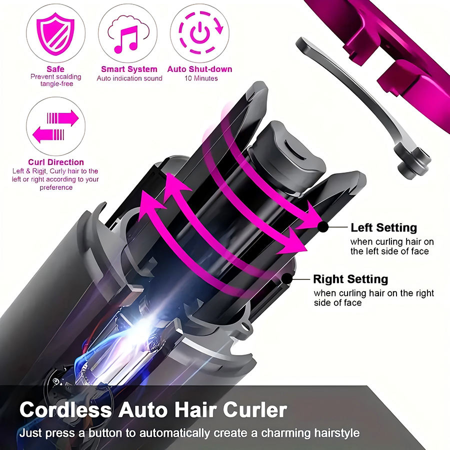 AURUZA Unbound Cordless Automatic Hair Curler, Anti-Tangle Wireless Auto Curling Iron Wand, Portable USB Rechargeable