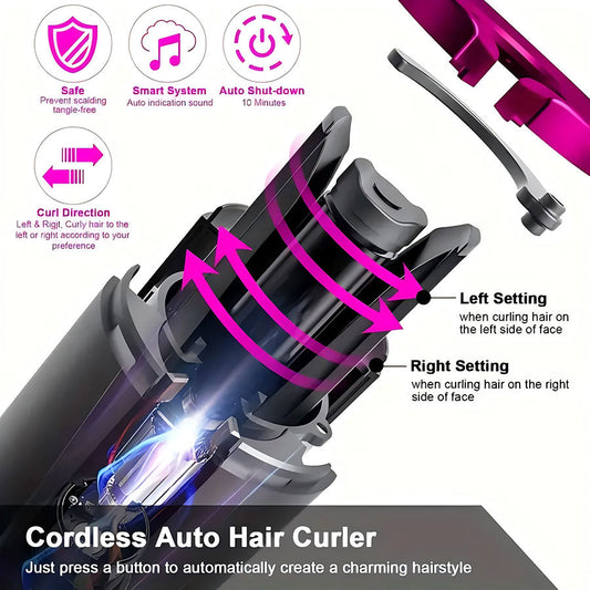 AURUZA Unbound Cordless Automatic Hair Curler, Anti-Tangle Wireless Auto Curling Iron Wand, Portable USB Rechargeable